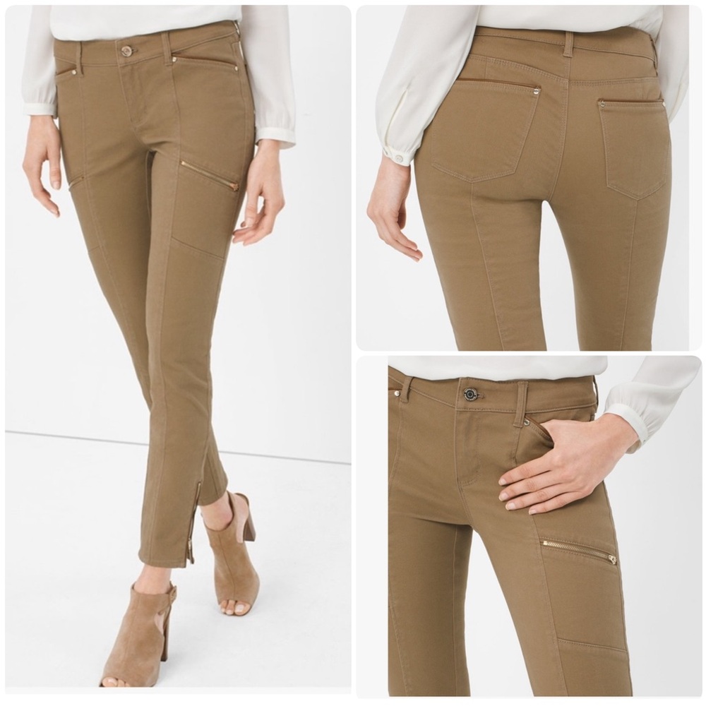 WHBM TAN FAUX LEATHER ACCENT SKINNY ANKLE JEANS